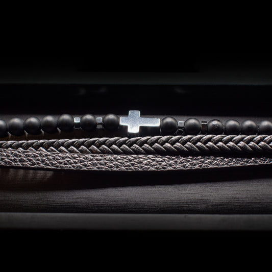Cross Hematite Leather Stack Bracelet – Natural Stone Alloy Magnetic Men’s Bracelet