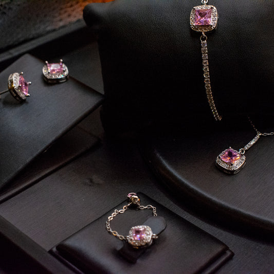 S925 Pink Sterling Silver Jewelry Set – Necklace, Earrings, Bracelet & Ring