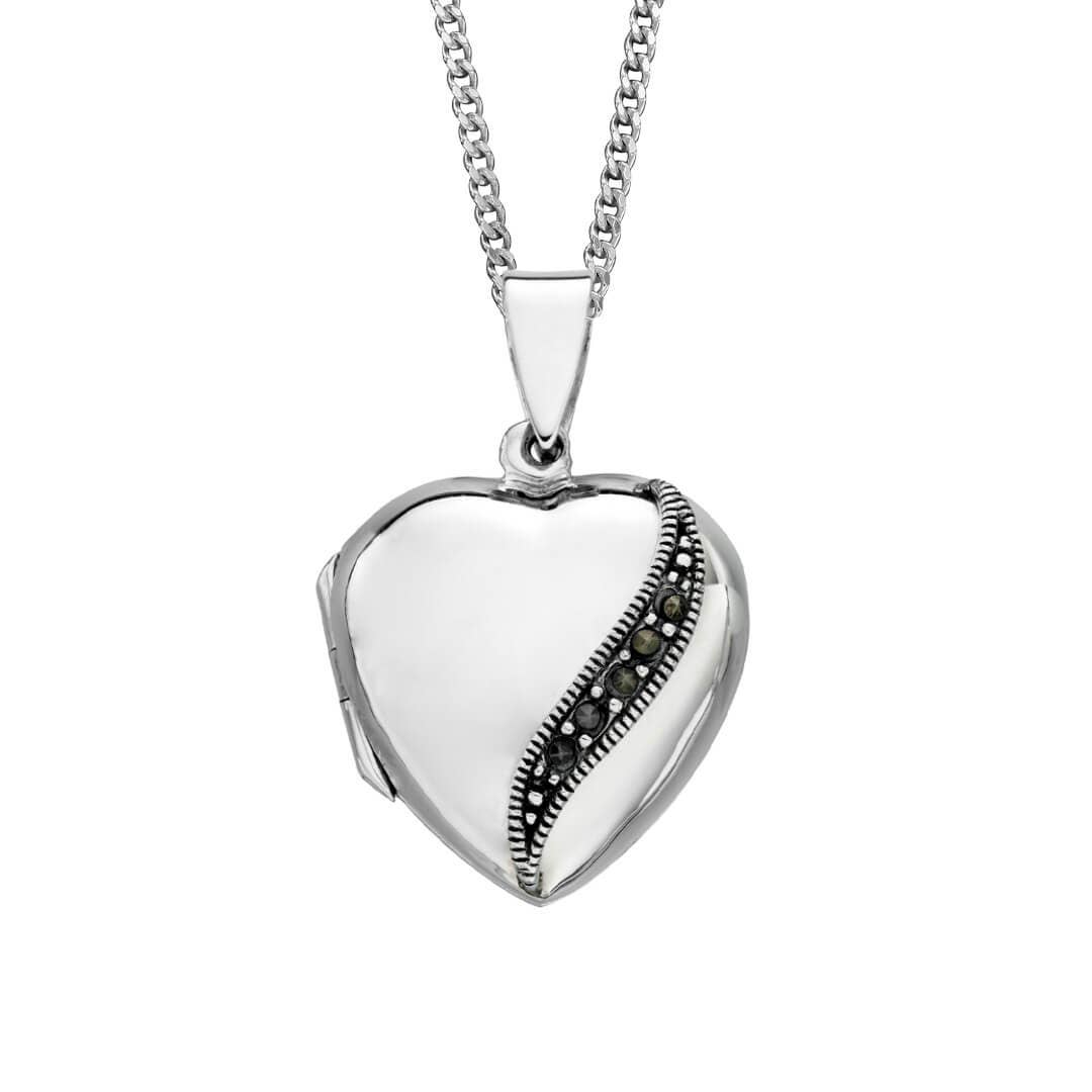 Gecko Marcasite Heart Locket Pendant - 925 Sterling Silver