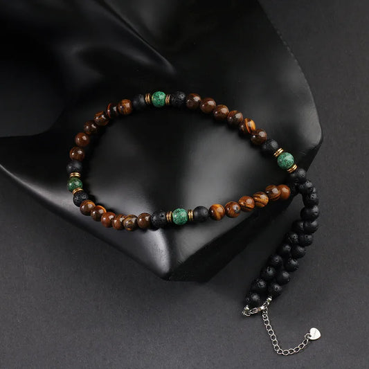 Natural Stone Beaded Necklace – Tiger Eye & Stainless Steel Unisex Design