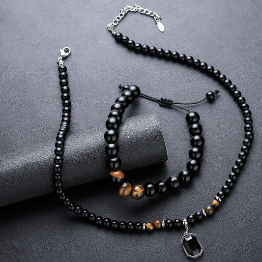 Natural Stone Beaded Necklace & Bracelet Set – Obsidian & Tiger Eye