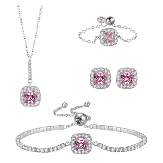 S925 Pink Sterling Silver Jewelry Set – Necklace, Earrings, Bracelet & Ring