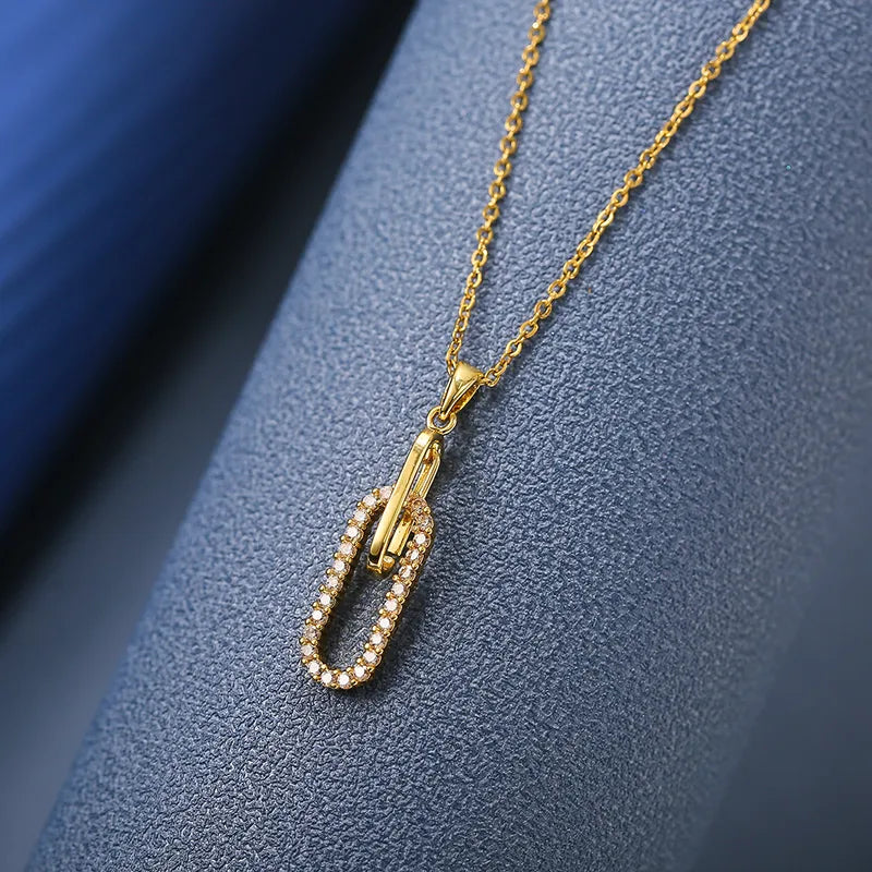 Paperclip Necklace – Titanium Steel 18K Gold Plated Oval Zircon Pendant